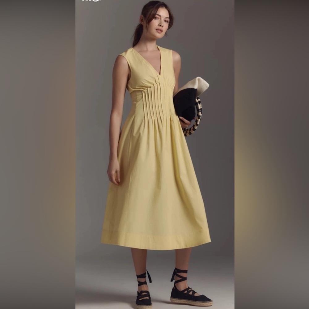 Anthropologie Maeve Hailey Sleeveless V-Neck Pintuck Midi Dress Butter Yellow